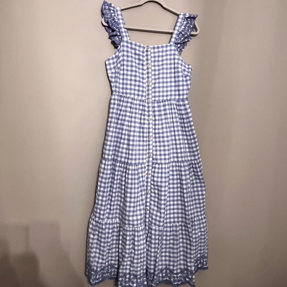 Shabby Chic New gingham midi dress smocked tiered ruffled Womens size 8 cottage